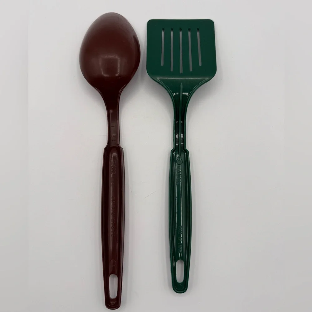 Vintage EKCO Utensils Lot Spoon & Slotted Spatula Green Brown Nylon Kitchen USA